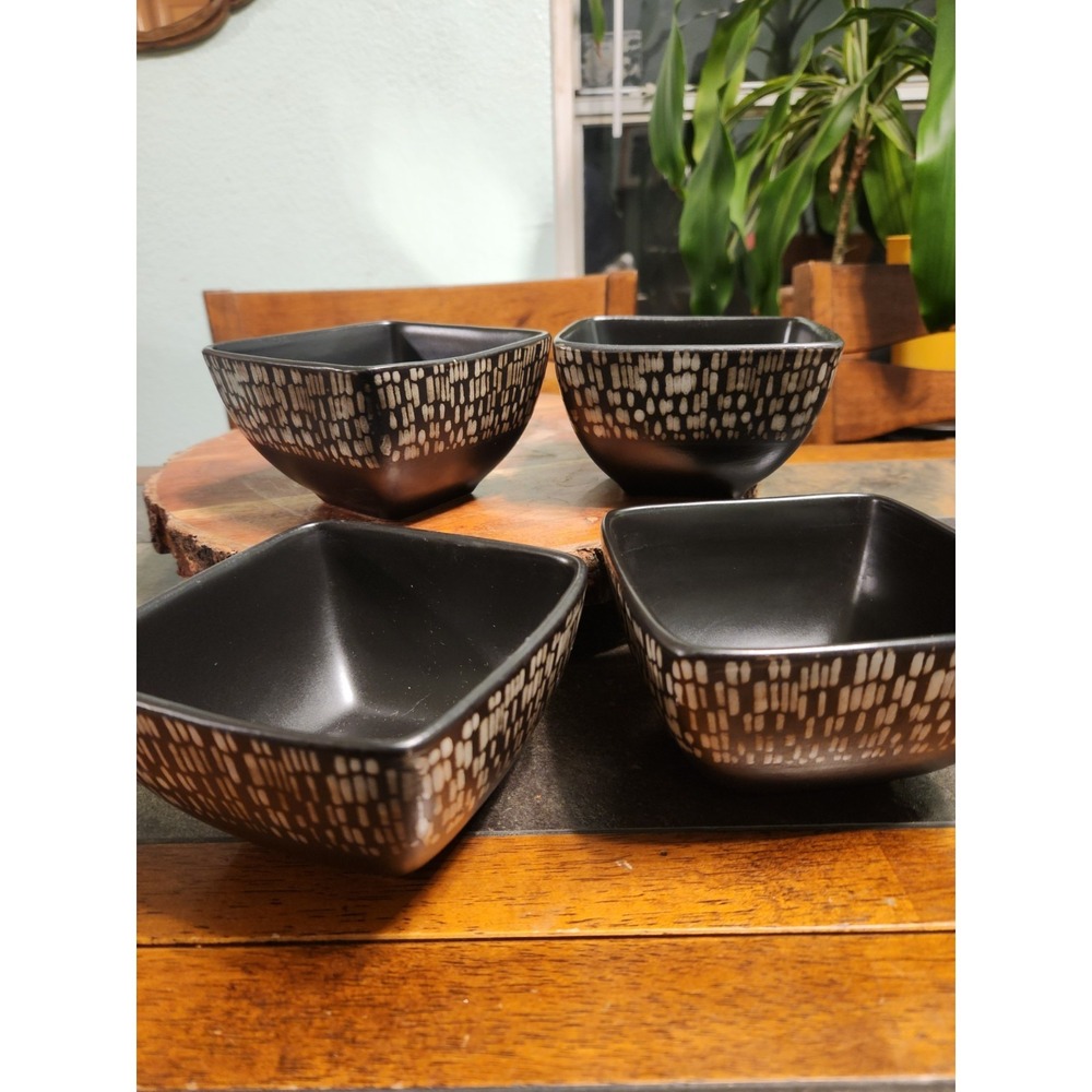 ELAMA Naina Stoneware 4.5" Fruit Bowls Set Of 4 Matte Blk Geometric Tan Tile‎